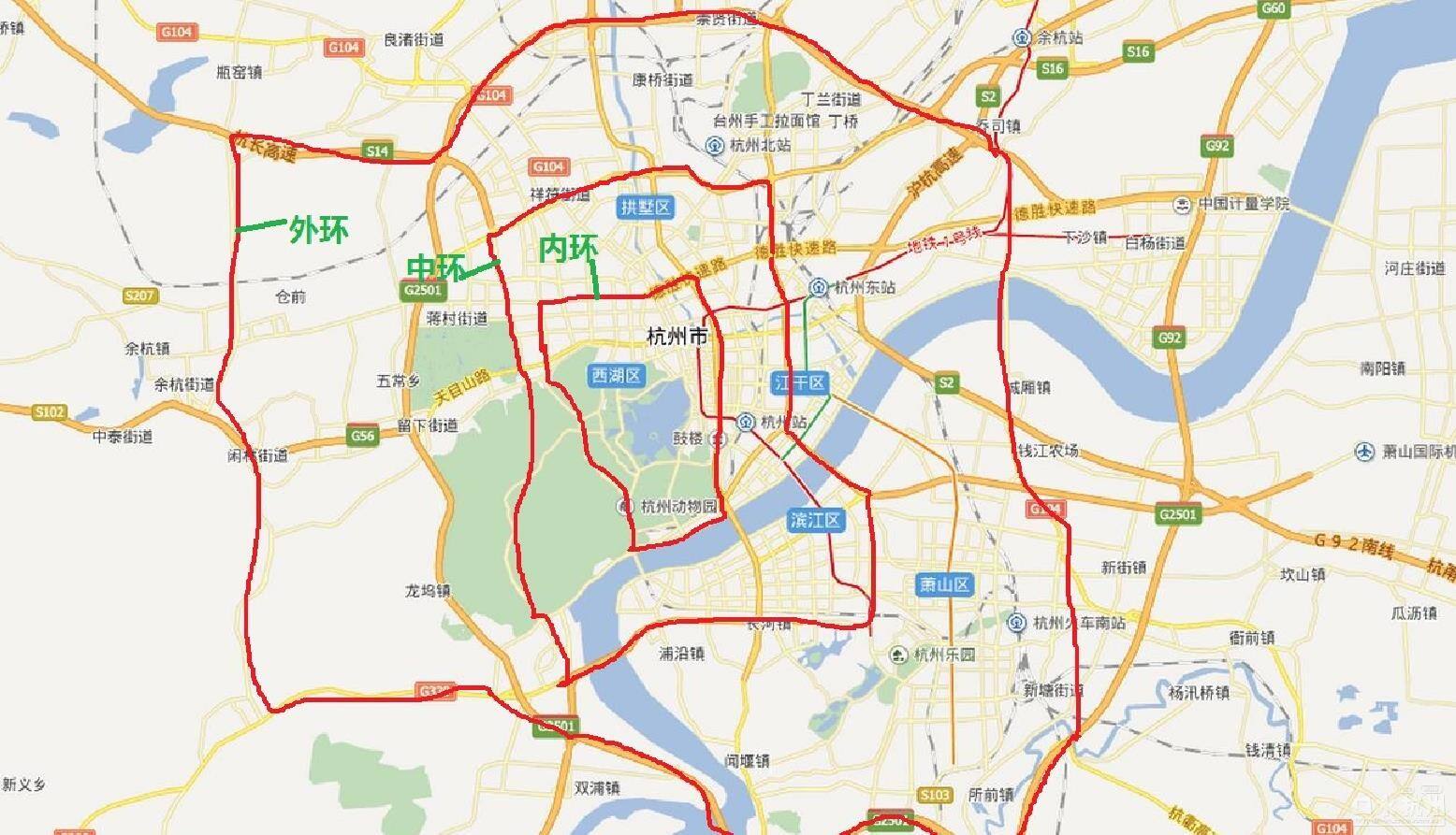以西湖为核心的杭州三环大部分是高架隧道快速路滨江进中环萧山进不了