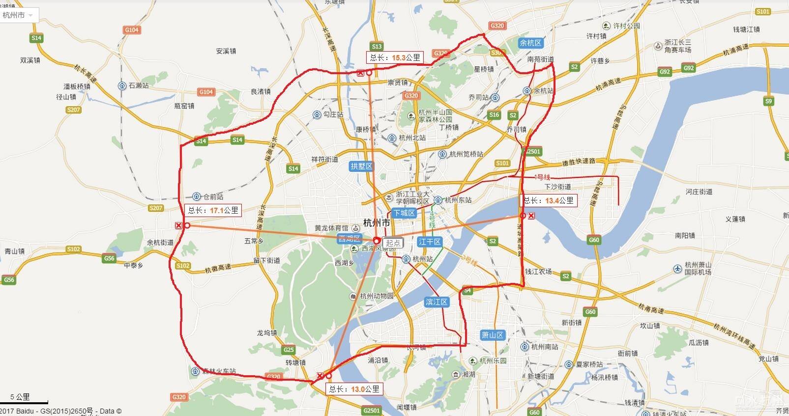 以西湖为中心杭州真正的一环双向6车道,并且免费通行